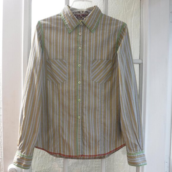 7 for All Mankind Blue/Yellow/Gray Striped Button Up Long Sleeve Collared Blouse - Picture 1 of 8